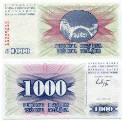 Банкнота 1000 динаров 1992 года Республика Босния и Герцеговина