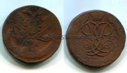 Монета медная 5 копеек 1758 года. Императрица Елизавета Петровна