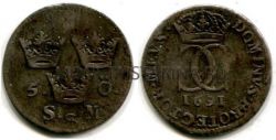 Монета серебряная 5 эре 1691 года. Швеция.