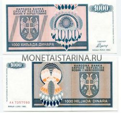 Банкнота 1000 динаров 1992 года Сербская Республика Босния и Герцеговина