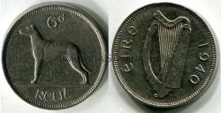 Монета 6 пенсов 1940 года. Ирландия