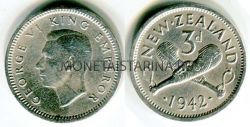 Монета 3 пенса 1942 года Новая Зеландия