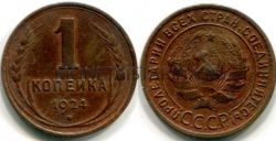 Монета медная 1 копейка 1924 года СССР. Гладкий гурт